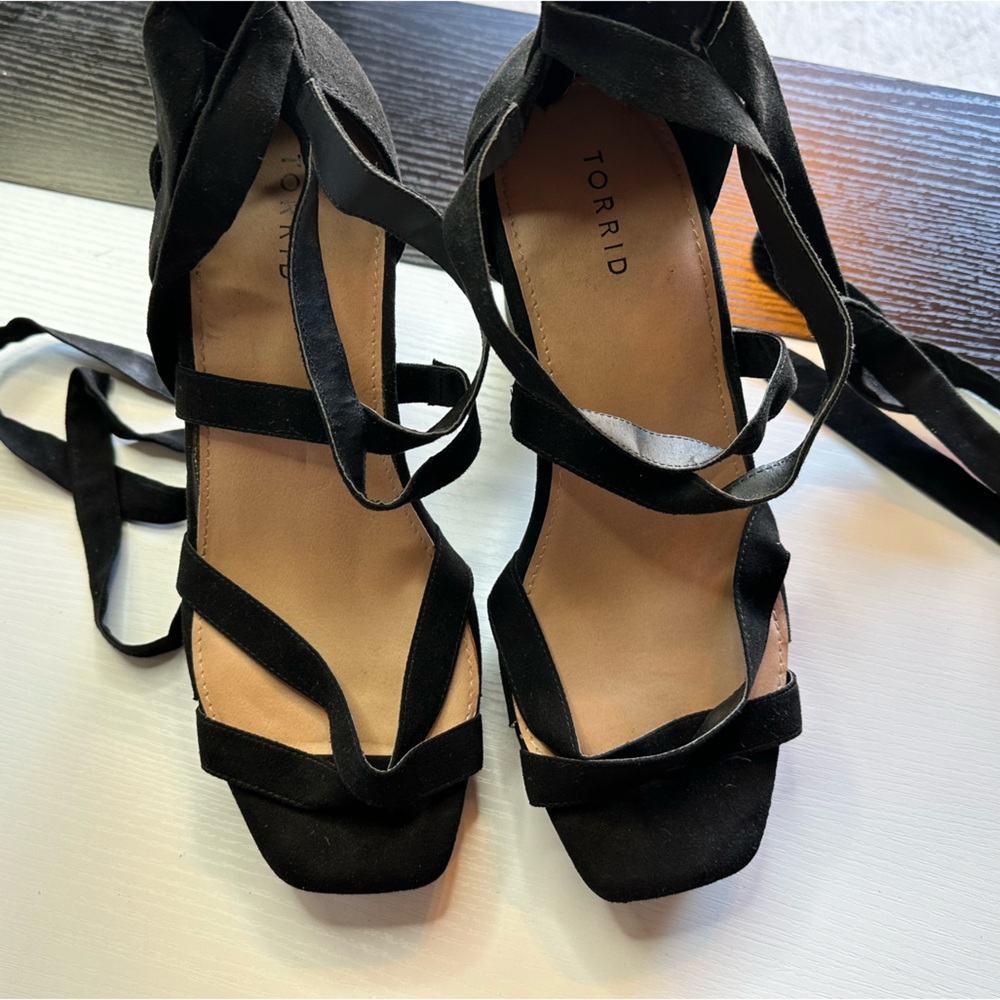 Torrid Black Strappy Block Heels with Wraparound Ties - Size 12WW - $20